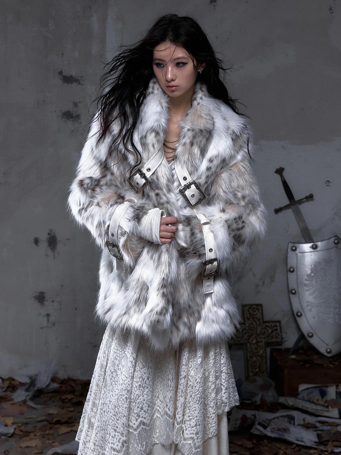 NO ROMANCE Warm Vintage Loose Fit Mid Length Lapel Collar Women Ivory Fur No Hood Jacket