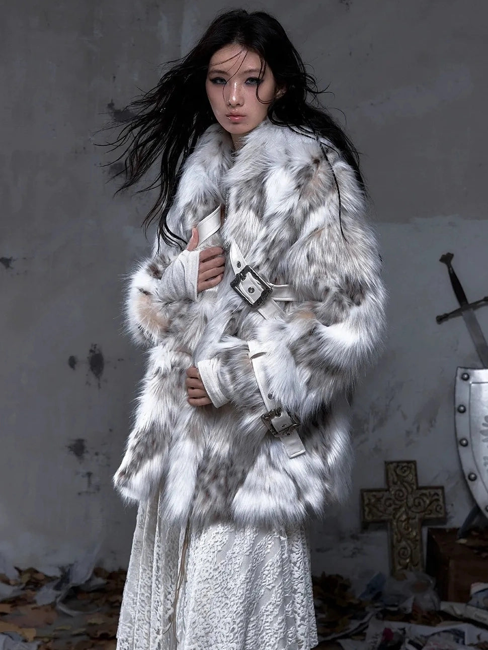 NO ROMANCE Warm Vintage Loose Fit Mid Length Lapel Collar Women Ivory Fur No Hood Jacket