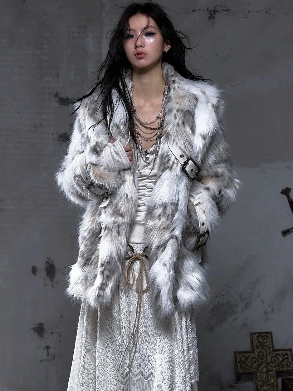 NO ROMANCE Warm Vintage Loose Fit Mid Length Lapel Collar Women Ivory Fur No Hood Jacket