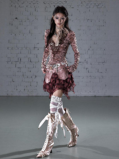 NO ROMANCE Washed Frayed Patchwork Asymmetrical Reversible Women&