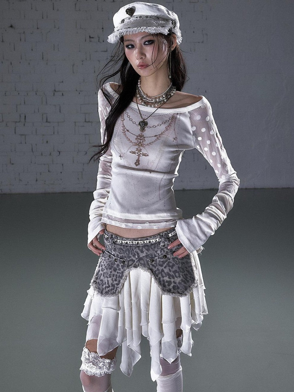 NO ROMANCE Washed Frayed Patchwork Asymmetrical Reversible Women&
