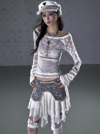 NO ROMANCE Washed Frayed Patchwork Asymmetrical Reversible Women&