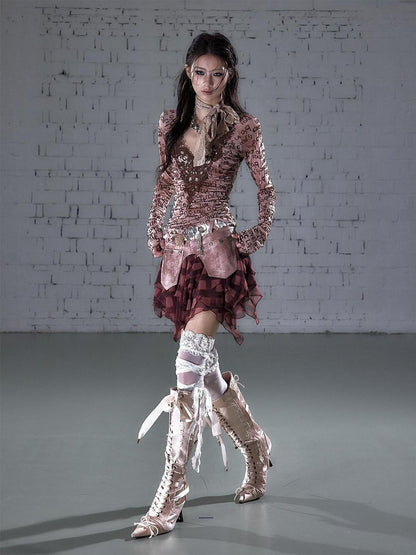 NO ROMANCE Washed Frayed Patchwork Asymmetrical Reversible Women&