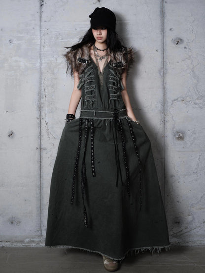 NO ROMANCE Washed Green Punk A Line Relaxed Fit With Pockets Women Casual Skirt