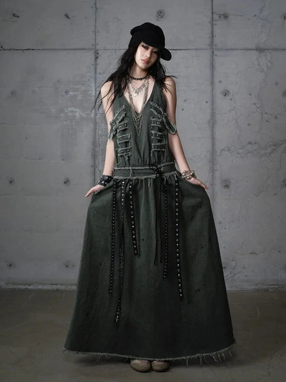 NO ROMANCE Washed Green Punk A Line Relaxed Fit With Pockets Women Casual Skirt