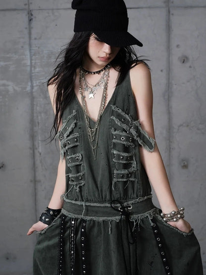 NO ROMANCE Washed Green Punk A Line Relaxed Fit With Pockets Women Casual Skirt