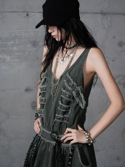 NO ROMANCE Washed Green Punk A Line Relaxed Fit With Pockets Women Casual Skirt