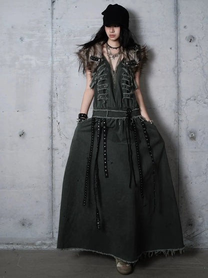 NO ROMANCE Washed Green Punk A Line Relaxed Fit With Pockets Women Casual Skirt