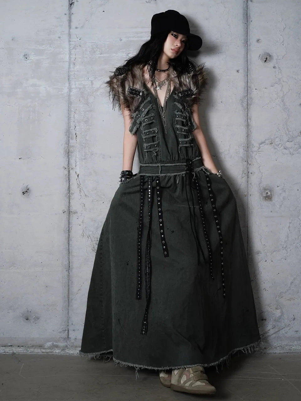 NO ROMANCE Washed Green Punk A Line Relaxed Fit With Pockets Women Casual Skirt