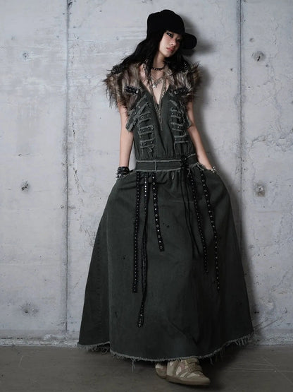 NO ROMANCE Washed Green Punk A Line Relaxed Fit With Pockets Women Casual Skirt