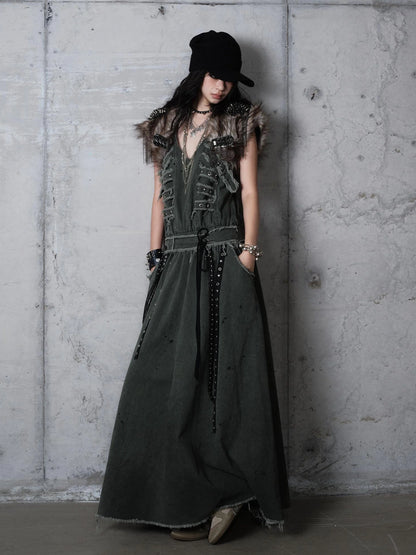 NO ROMANCE Washed Green Punk A Line Relaxed Fit With Pockets Women Casual Skirt