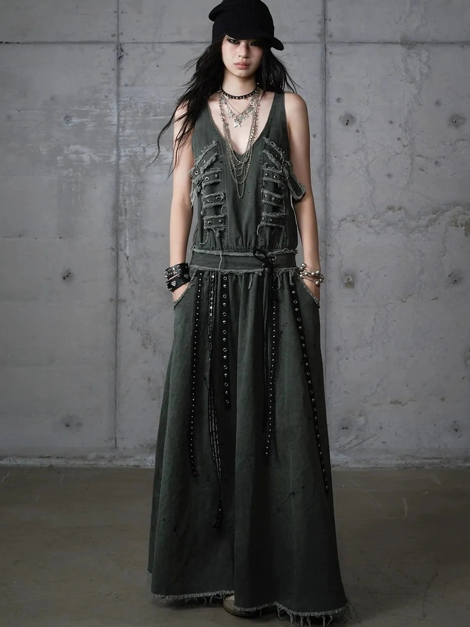 NO ROMANCE Washed Green Punk A Line Relaxed Fit With Pockets Women Casual Skirt