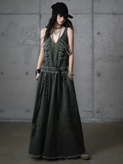 NO ROMANCE Washed Green Punk A Line Relaxed Fit With Pockets Women Casual Skirt