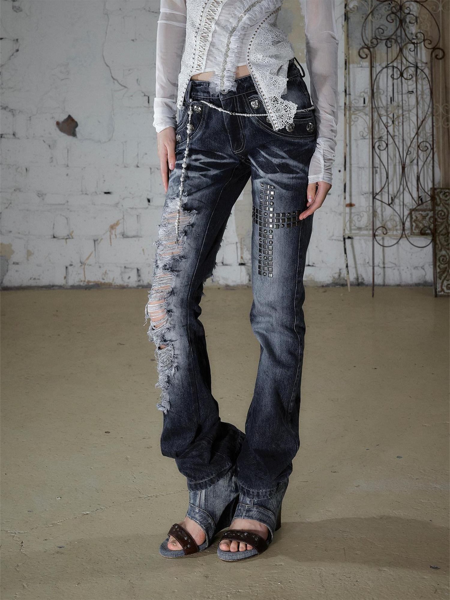 NO ROMANCE Washed Rhinestone Punk High Waist Women&