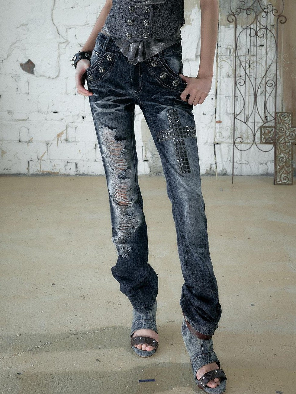 NO ROMANCE Washed Rhinestone Punk High Waist Women&