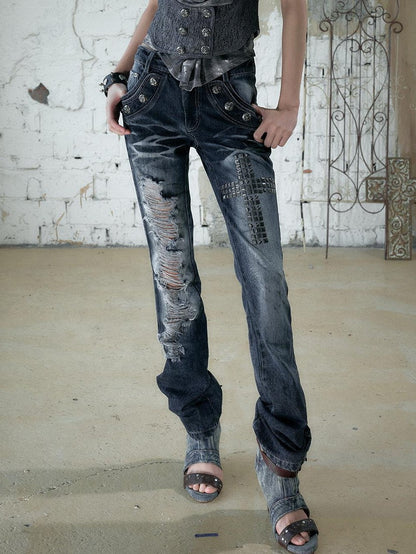 NO ROMANCE Washed Rhinestone Punk High Waist Women&