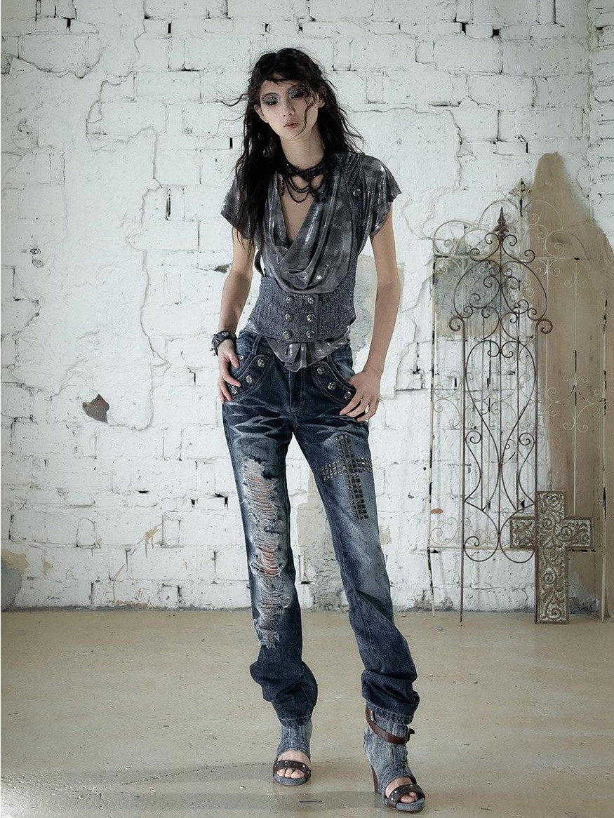 NO ROMANCE Washed Rhinestone Punk High Waist Women&