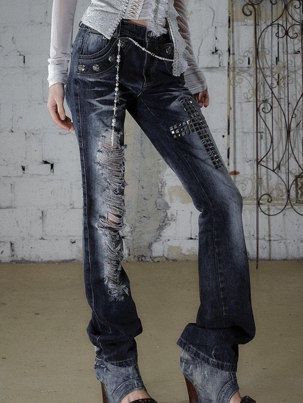 NO ROMANCE Washed Rhinestone Punk High Waist Women&