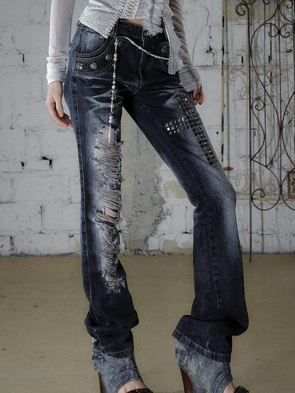 NO ROMANCE Washed Rhinestone Punk High Waist Women&