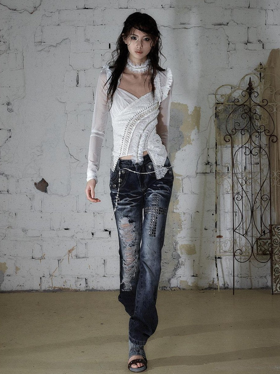 NO ROMANCE Washed Rhinestone Punk High Waist Women&