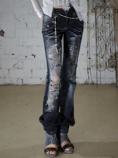 NO ROMANCE Washed Rhinestone Punk High Waist Women&