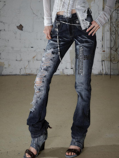 NO ROMANCE Washed Rhinestone Punk High Waist Women&