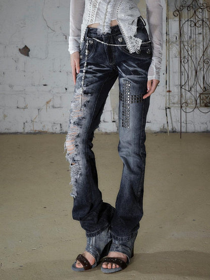 NO ROMANCE Washed Rhinestone Punk High Waist Women&