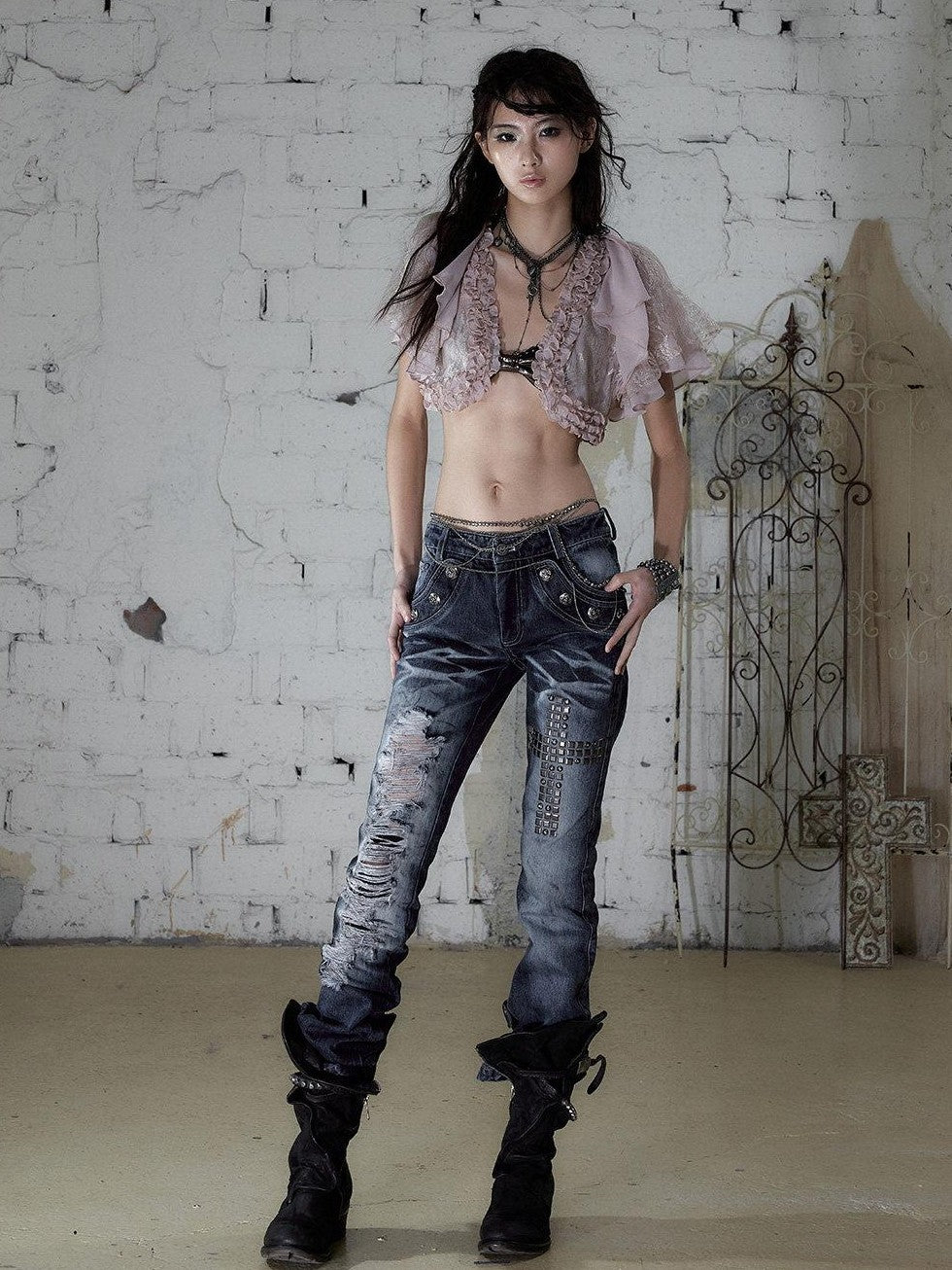 NO ROMANCE Washed Rhinestone Punk High Waist Women&