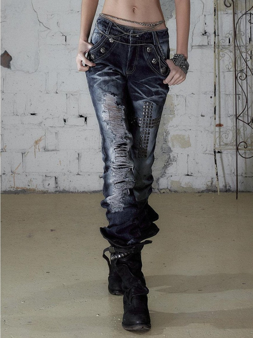 NO ROMANCE Washed Rhinestone Punk High Waist Women&