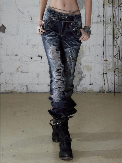 NO ROMANCE Washed Rhinestone Punk High Waist Women&