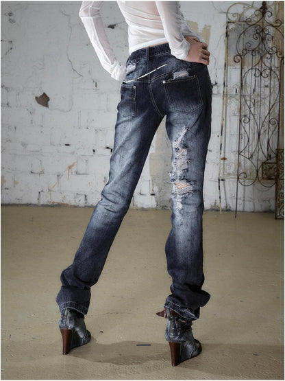 NO ROMANCE Washed Rhinestone Punk High Waist Women&