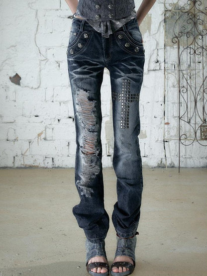 NO ROMANCE Washed Rhinestone Punk High Waist Women&