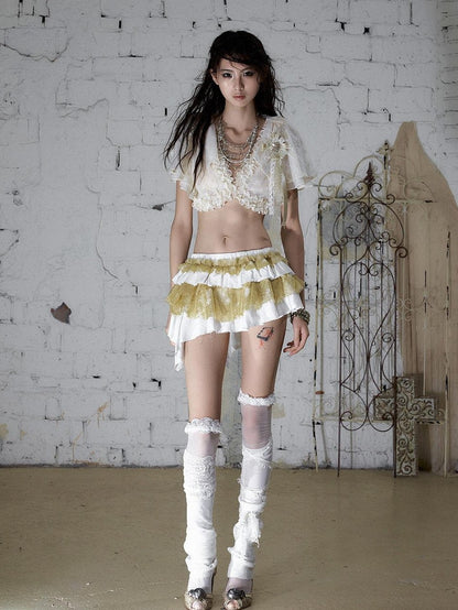 NO ROMANCE White Gold Ruffle Asymmetric Low Waist Vintage Pleated Women&