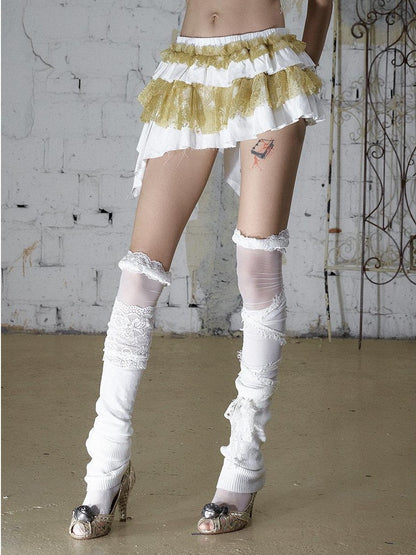 NO ROMANCE White Gold Ruffle Asymmetric Low Waist Vintage Pleated Women&