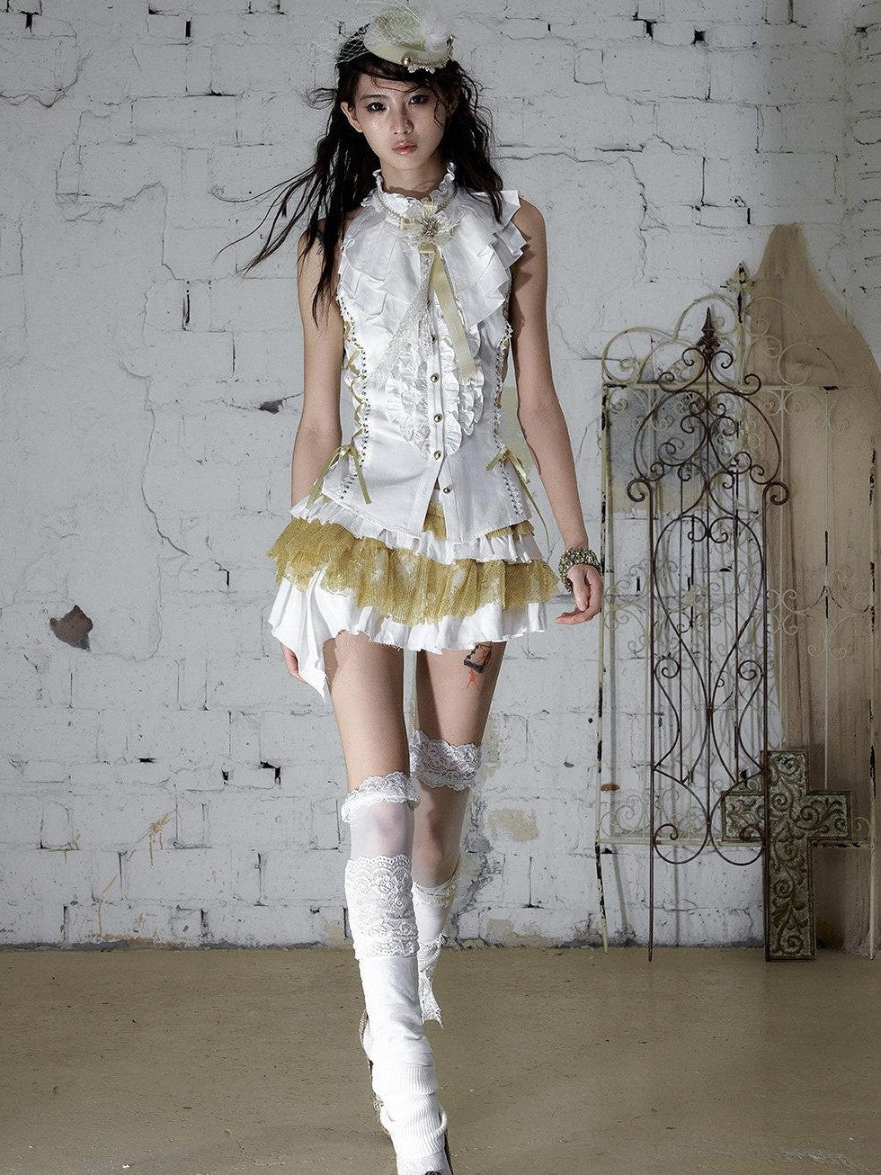 NO ROMANCE White Gold Ruffle Asymmetric Low Waist Vintage Pleated Women&