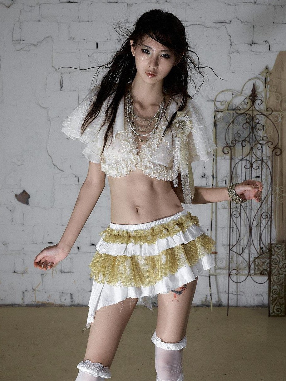 NO ROMANCE White Gold Ruffle Asymmetric Low Waist Vintage Pleated Women&