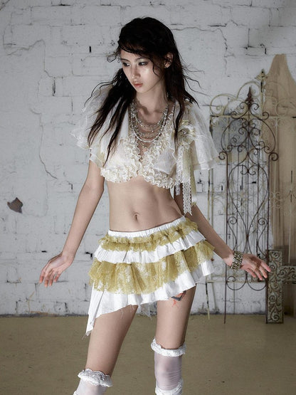 NO ROMANCE White Gold Ruffle Asymmetric Low Waist Vintage Pleated Women&