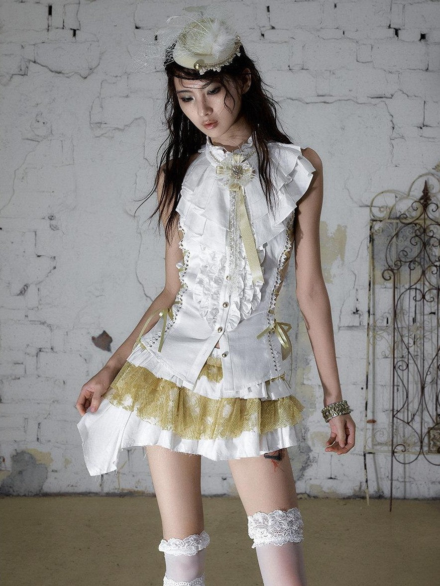 NO ROMANCE White Gold Ruffle Asymmetric Low Waist Vintage Pleated Women&
