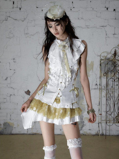 NO ROMANCE White Gold Ruffle Asymmetric Low Waist Vintage Pleated Women&
