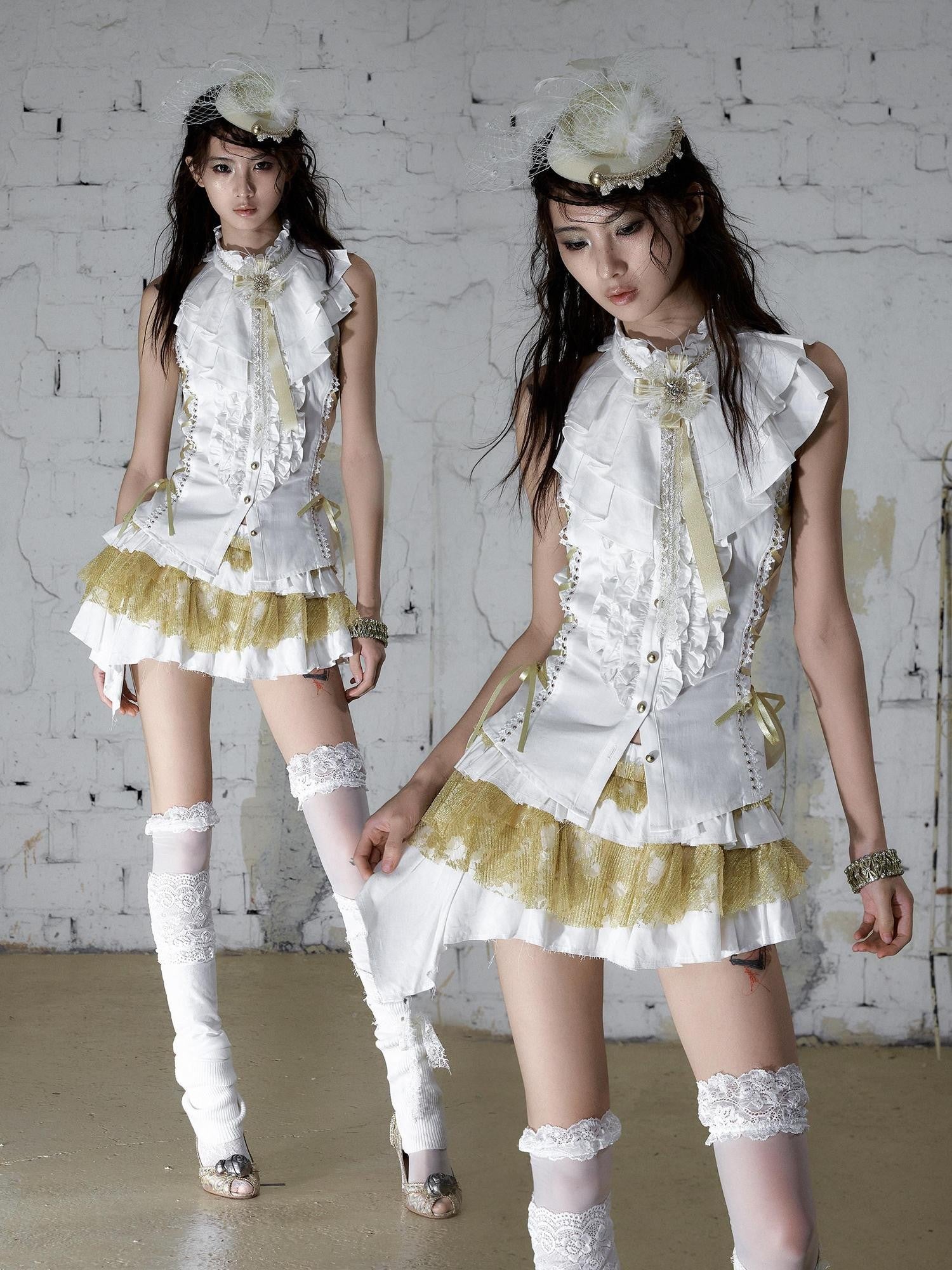 NO ROMANCE White Gold Ruffle Asymmetric Low Waist Vintage Pleated Women&