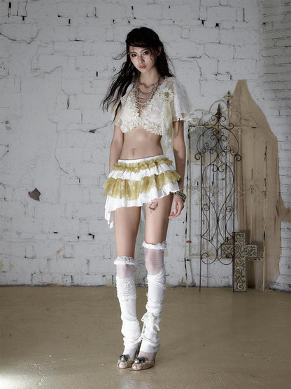 NO ROMANCE White Gold Ruffle Asymmetric Low Waist Vintage Pleated Women&