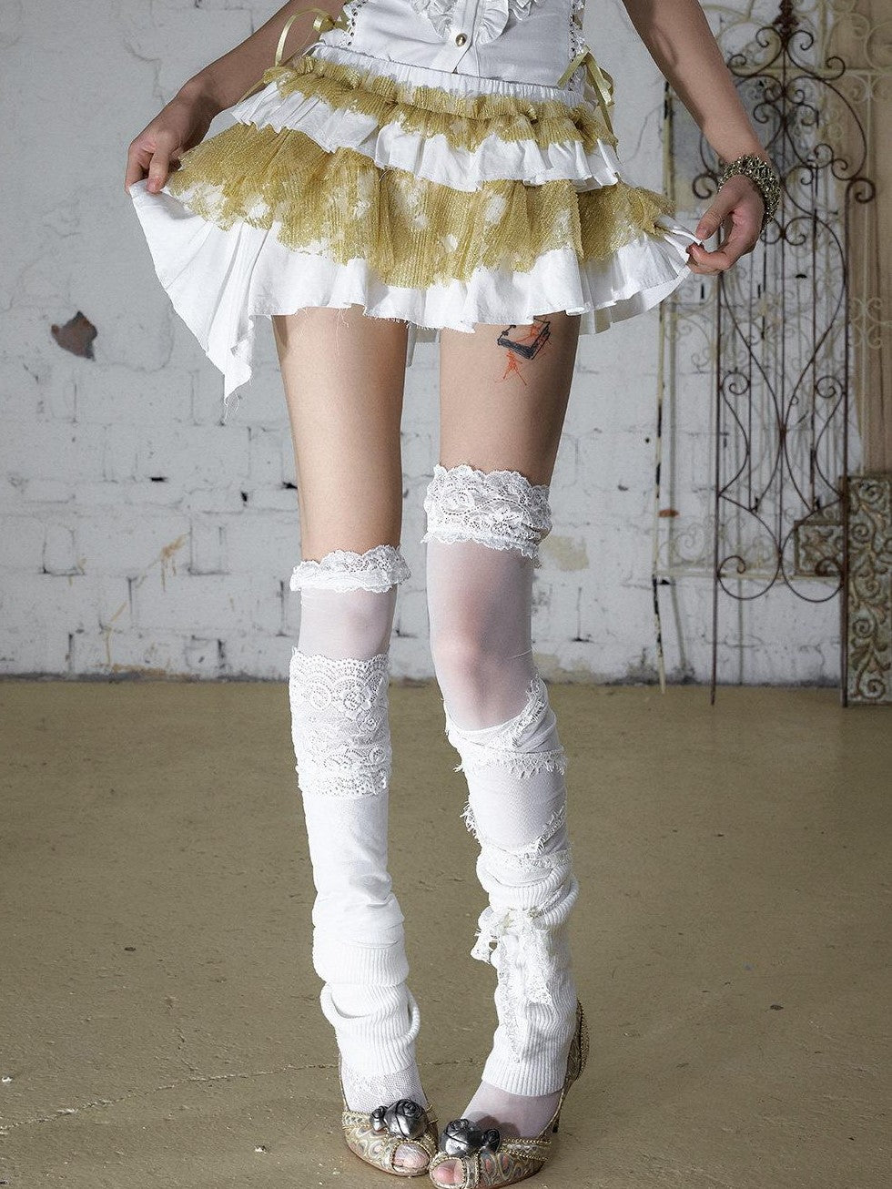 NO ROMANCE White Gold Ruffle Asymmetric Low Waist Vintage Pleated Women&