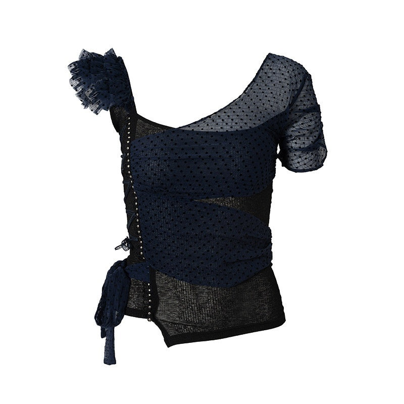 NO_ROMANCE_Y2k_Asymmetric_Tie_Low_Neck_Slim_Polka_Women&