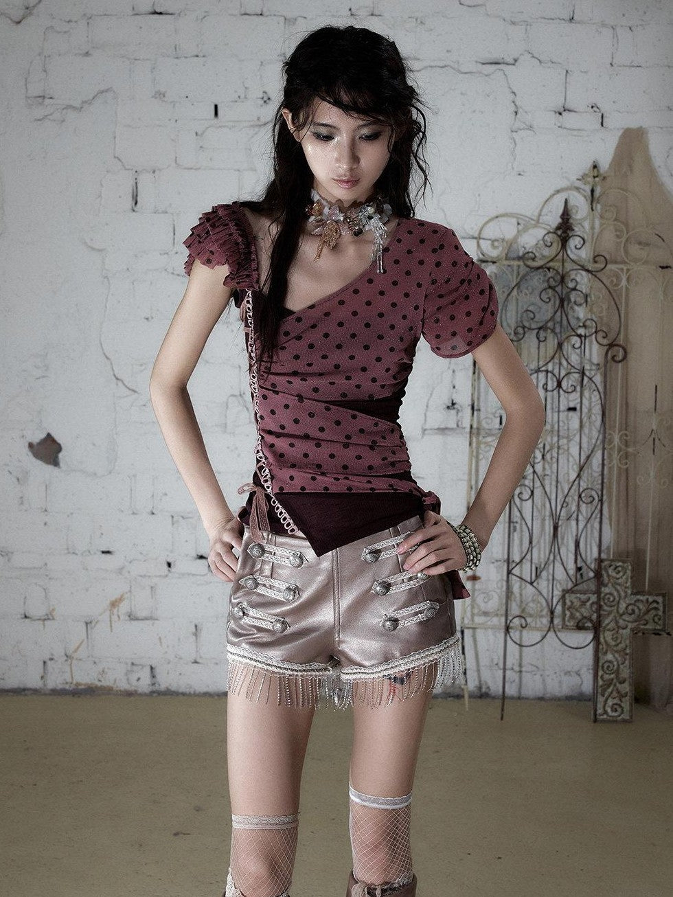 NO ROMANCE Y2k Asymmetric Tie Low Neck Slim Polka Women&