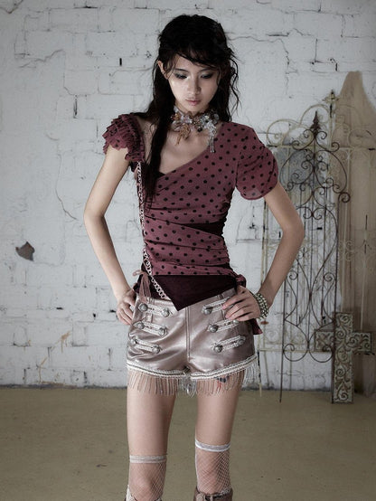 NO ROMANCE Y2k Asymmetric Tie Low Neck Slim Polka Women&