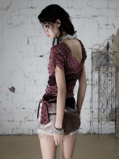 NO ROMANCE Y2k Asymmetric Tie Low Neck Slim Polka Women&