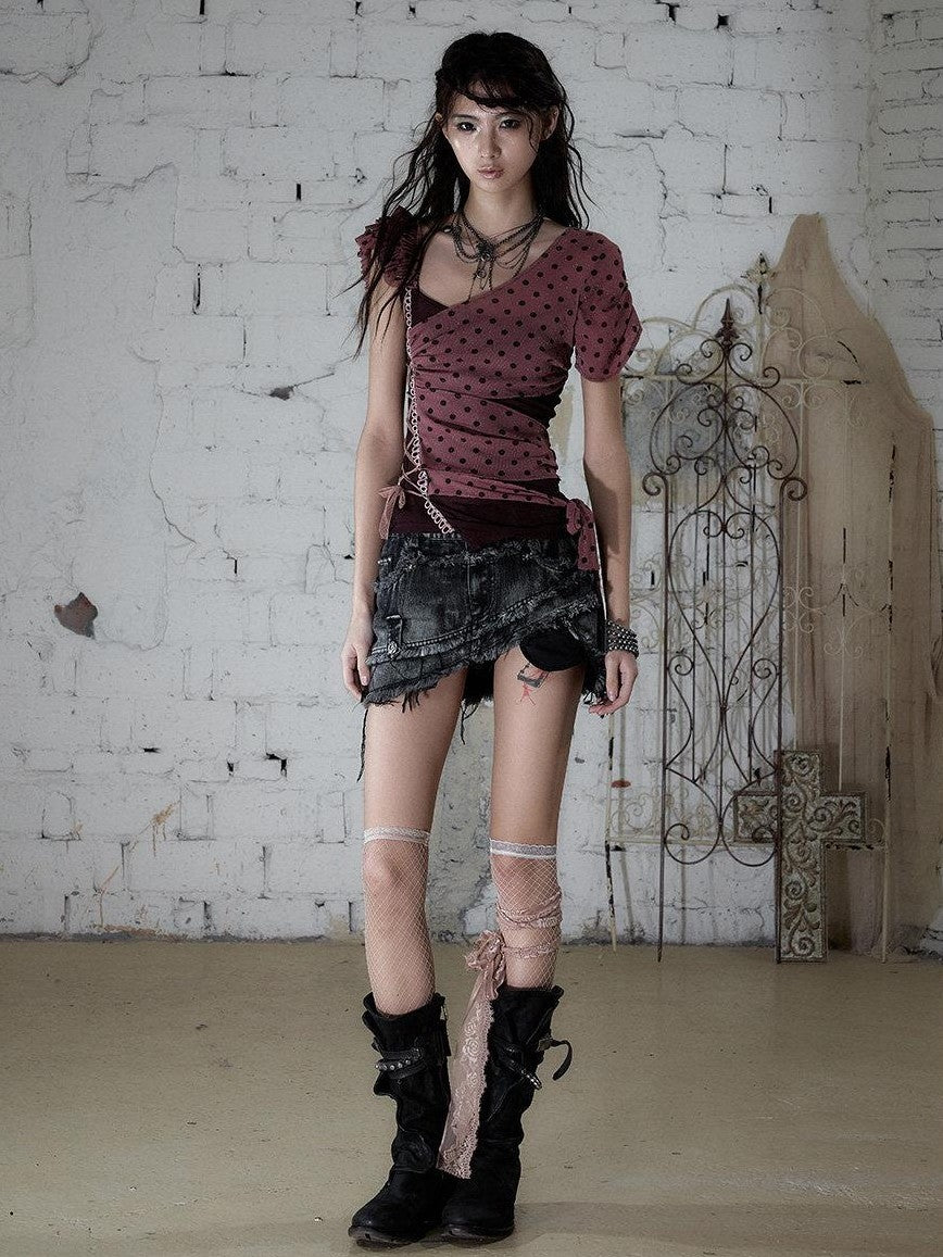NO ROMANCE Y2k Asymmetric Tie Low Neck Slim Polka Women&