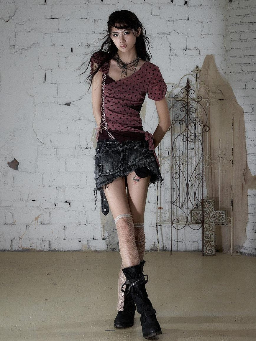 NO ROMANCE Y2k Asymmetric Tie Low Neck Slim Polka Women&