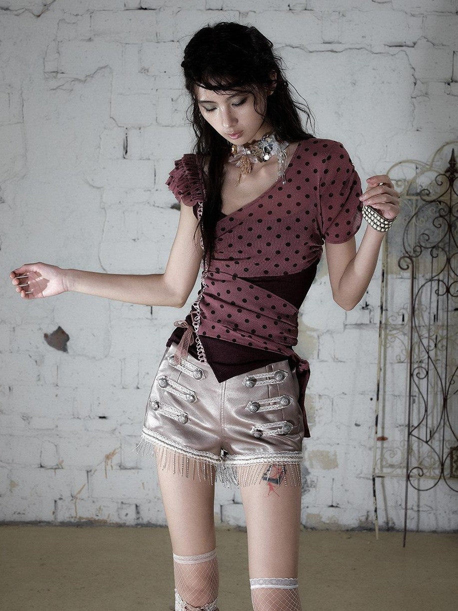 NO ROMANCE Y2k Asymmetric Tie Low Neck Slim Polka Women&