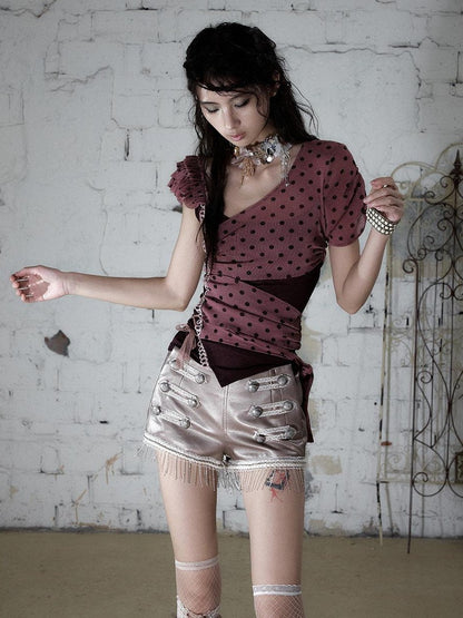 NO ROMANCE Y2k Asymmetric Tie Low Neck Slim Polka Women&